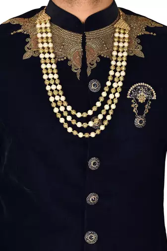 Navy blue straight pattern work on handwork on neckline indo western
