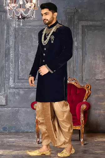 Navy blue straight pattern work on handwork on neckline indo western