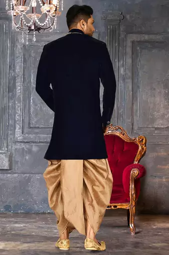 Navy blue straight pattern work on handwork on neckline indo western