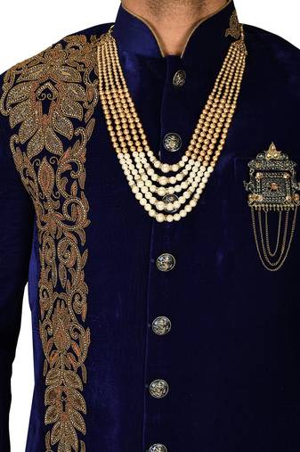 Royal blue straight pattern work with hand work in front indo western