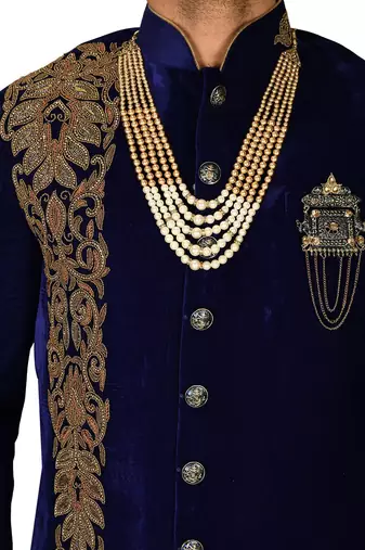 Royal blue straight pattern work with hand work in front indo western