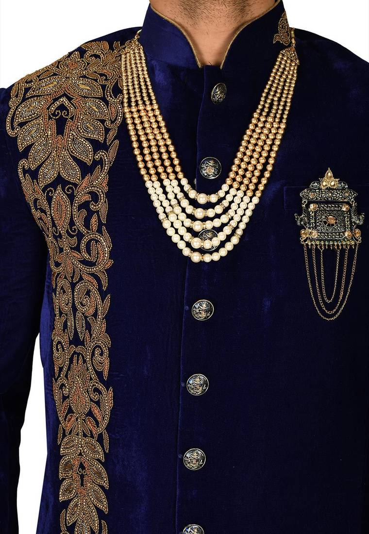 Royal blue straight pattern work with hand work in front indo western