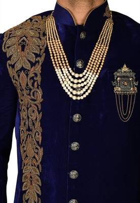 Royal blue straight pattern work with hand work in front indo western 2