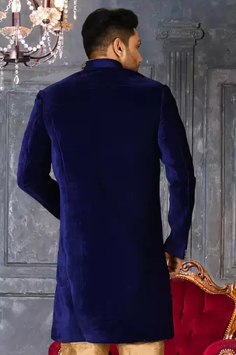 Royal blue straight pattern work with hand work in front indo western