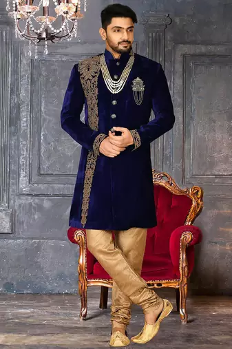 Royal blue straight pattern work with hand work in front indo western