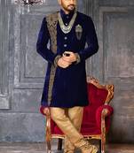 Royal blue straight pattern work with hand work in front indo western