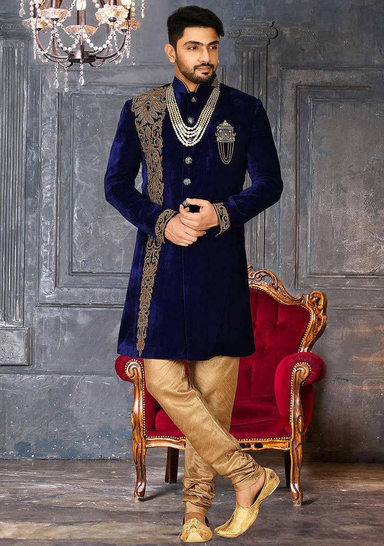 Royal blue straight pattern work with hand work in front indo western