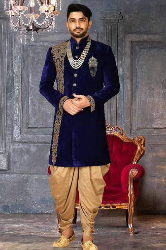 Royal blue straight pattern work with hand work in front indo western