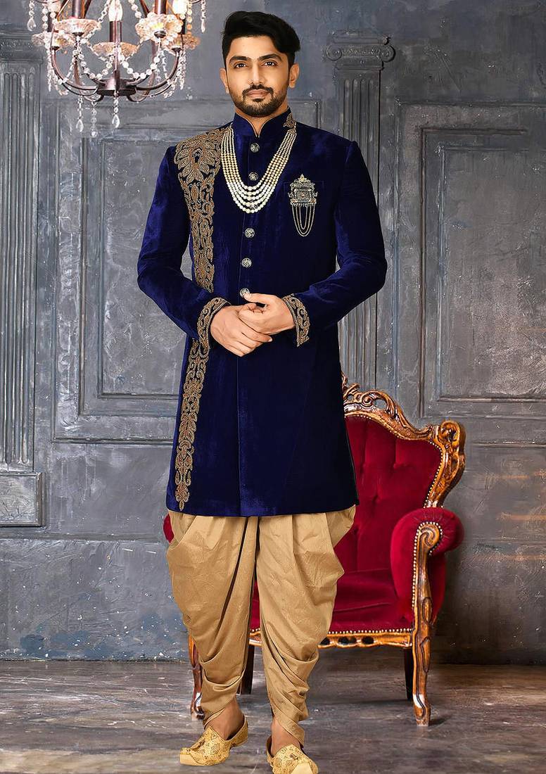 Royal blue straight pattern work with hand work in front indo western
