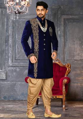 Royal blue straight pattern work with hand work in front indo western 3