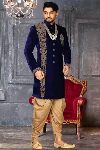 Royal blue straight pattern work with hand work in front indo western