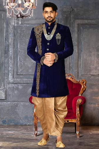 Royal blue straight pattern work with hand work in front indo western