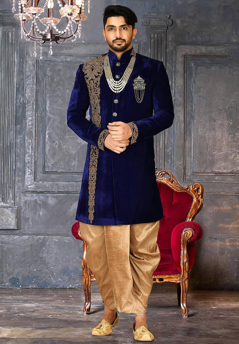 Royal blue straight pattern work with hand work in front indo western