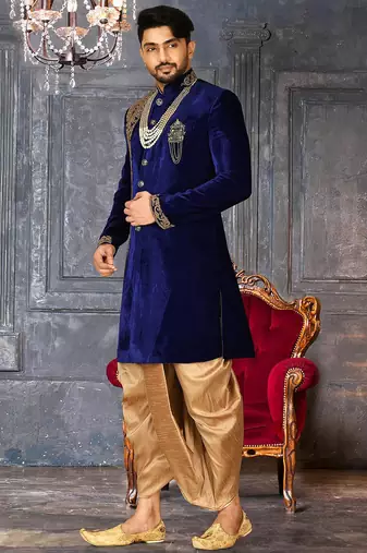 Royal blue straight pattern work with hand work in front indo western