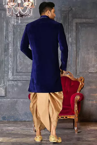 Royal blue straight pattern work with hand work in front indo western