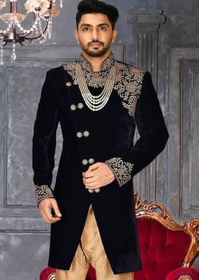 Navy blue navy blue velvet anghrakha design with hand work on collar, front and hand indo western 1