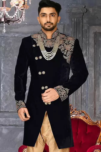 Navy blue navy blue velvet anghrakha design with hand work on collar, front and hand indo western