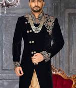 Navy blue navy blue velvet anghrakha design with hand work on collar, front and hand indo western