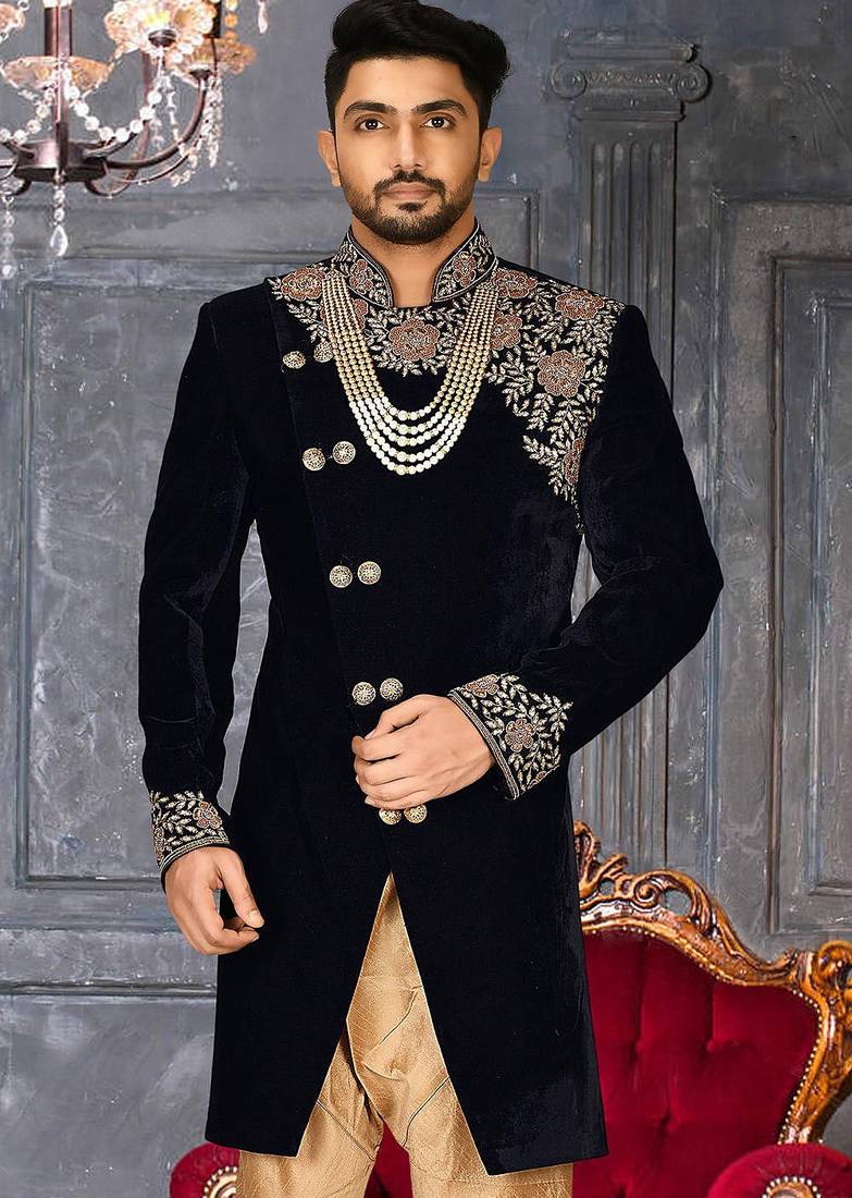 Navy blue navy blue velvet anghrakha design with hand work on collar, front and hand indo western