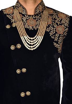 Navy blue navy blue velvet anghrakha design with hand work on collar, front and hand indo western 2