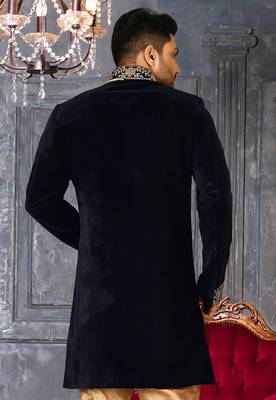 Navy blue navy blue velvet anghrakha design with hand work on collar, front and hand indo western 3