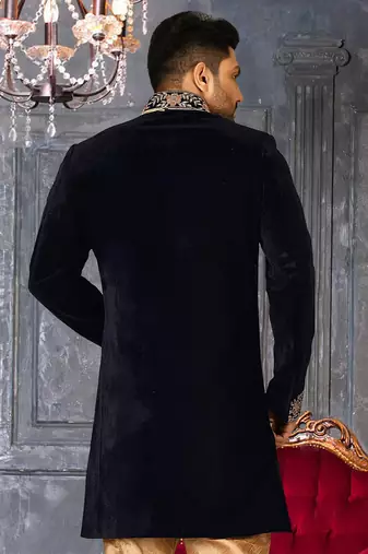 Navy blue navy blue velvet anghrakha design with hand work on collar, front and hand indo western