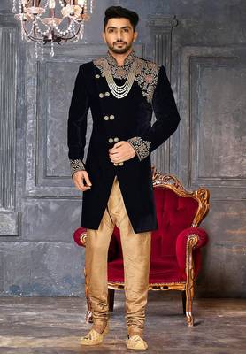 Navy blue navy blue velvet anghrakha design with hand work on collar, front and hand indo western 1