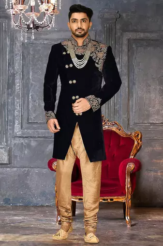 Navy blue navy blue velvet anghrakha design with hand work on collar, front and hand indo western