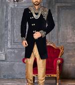 Navy blue navy blue velvet anghrakha design with hand work on collar, front and hand indo western
