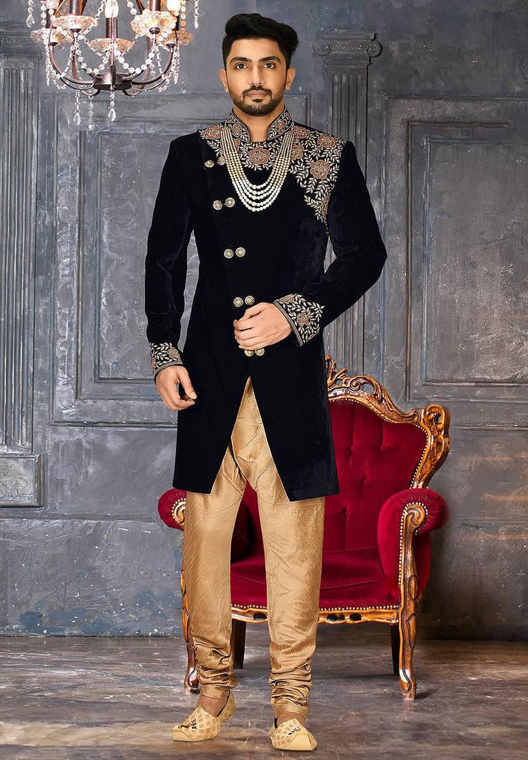 Navy blue navy blue velvet anghrakha design with hand work on collar, front and hand indo western