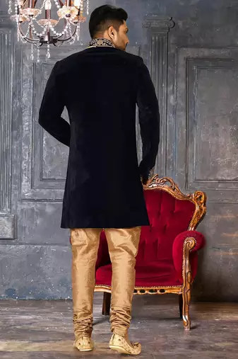 Navy blue navy blue velvet anghrakha design with hand work on collar, front and hand indo western