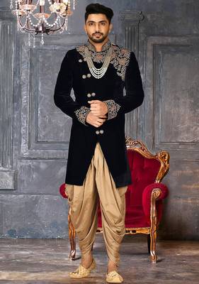 Navy blue navy blue velvet anghrakha design with hand work on collar, front and hand indo western 1