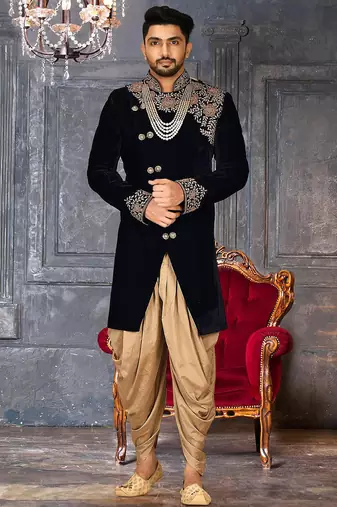 Navy blue navy blue velvet anghrakha design with hand work on collar, front and hand indo western
