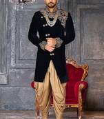 Navy blue navy blue velvet anghrakha design with hand work on collar, front and hand indo western