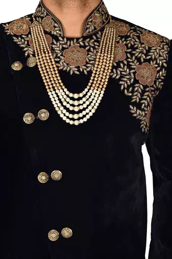 Navy blue navy blue velvet anghrakha design with hand work on collar, front and hand indo western