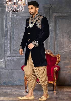 Navy blue navy blue velvet anghrakha design with hand work on collar, front and hand indo western 3