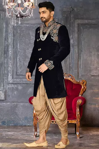 Navy blue navy blue velvet anghrakha design with hand work on collar, front and hand indo western