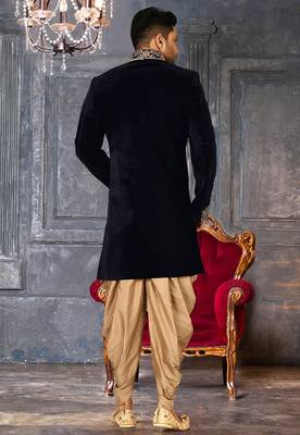 Navy blue navy blue velvet anghrakha design with hand work on collar, front and hand indo western 4