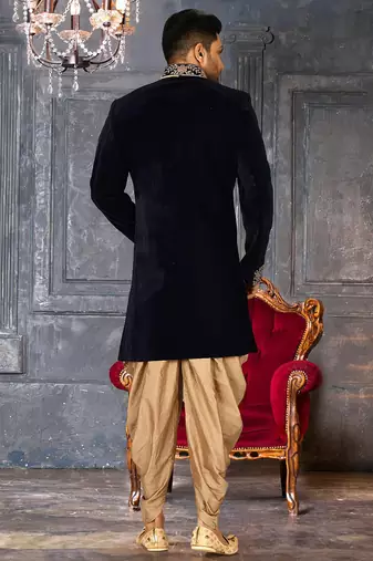 Navy blue navy blue velvet anghrakha design with hand work on collar, front and hand indo western