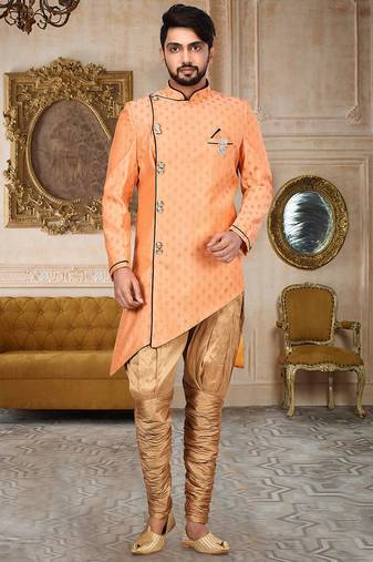 Orange  anghrakha pattern work with mahroon pipe in indo western