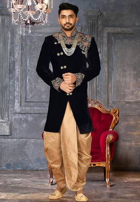 Navy blue navy blue velvet anghrakha design with hand work on collar, front and hand indo western 1