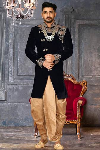 Navy blue navy blue velvet anghrakha design with hand work on collar, front and hand indo western
