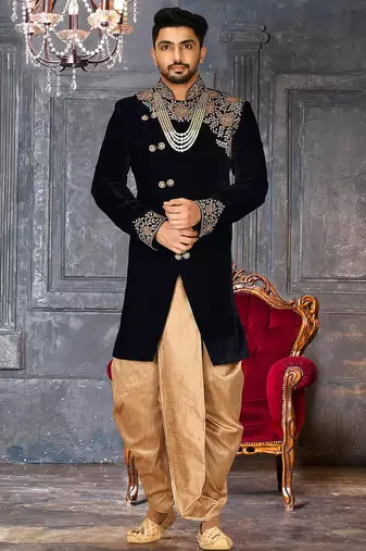 Navy blue navy blue velvet anghrakha design with hand work on collar, front and hand indo western