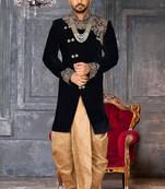 Navy blue navy blue velvet anghrakha design with hand work on collar, front and hand indo western