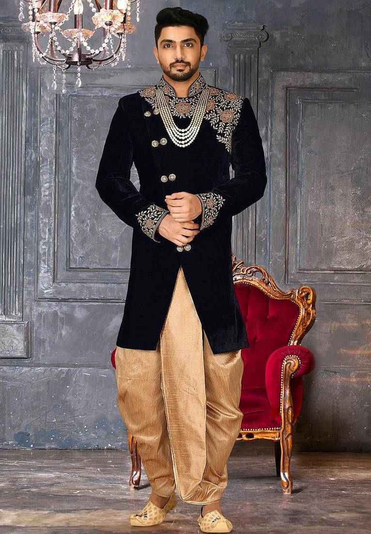 Navy blue navy blue velvet anghrakha design with hand work on collar, front and hand indo western