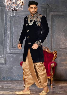 Navy blue navy blue velvet anghrakha design with hand work on collar, front and hand indo western 3