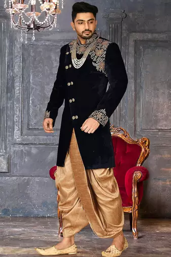 Navy blue navy blue velvet anghrakha design with hand work on collar, front and hand indo western