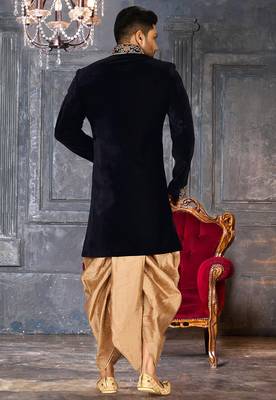 Navy blue navy blue velvet anghrakha design with hand work on collar, front and hand indo western 4