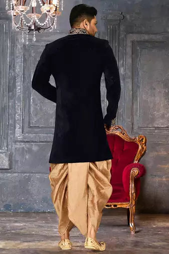 Navy blue navy blue velvet anghrakha design with hand work on collar, front and hand indo western