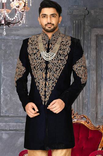 Navy blue navy blue velvet anghrakha design with hand work on collar, front and hand indo western